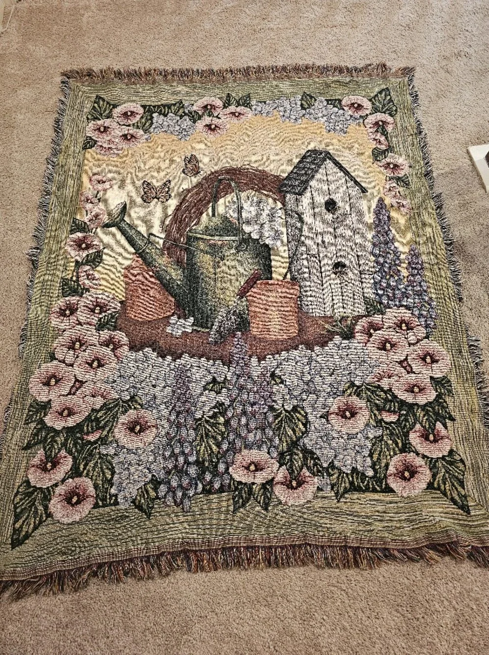 vintage garden-themed jacquard-woven cotton blend tapestry throw blanket